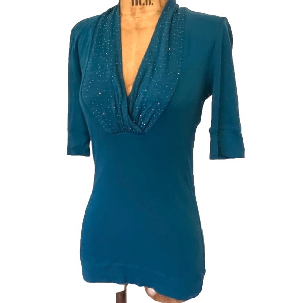Express Teal Fitted Embellished 3/4 Sleeve Blouse